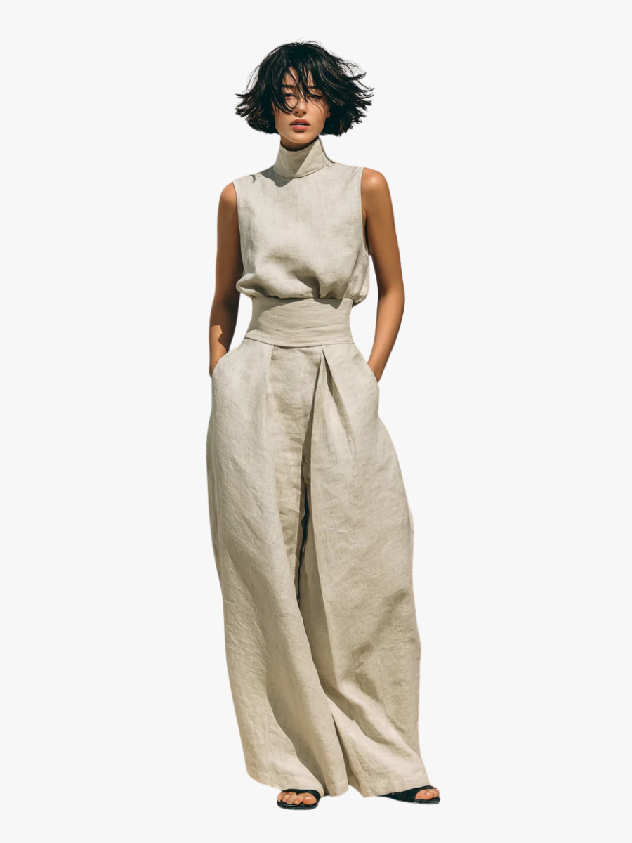 Ensemble de Vêtements pour Femmes Top Sans Manches avec Col Roulé et Pantalon Large