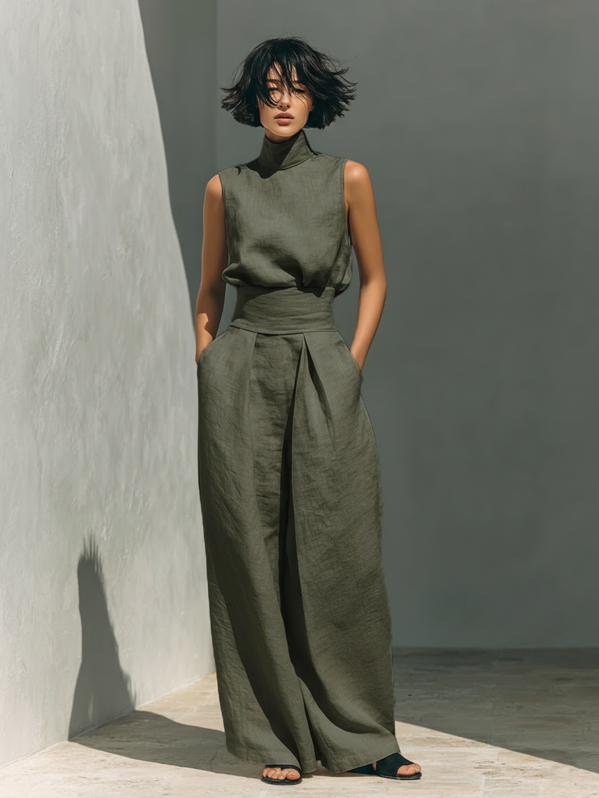 Ensemble de Vêtements pour Femmes Top Sans Manches avec Col Roulé et Pantalon Large