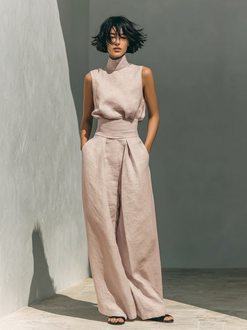 Ensemble de Vêtements pour Femmes Top Sans Manches avec Col Roulé et Pantalon Large