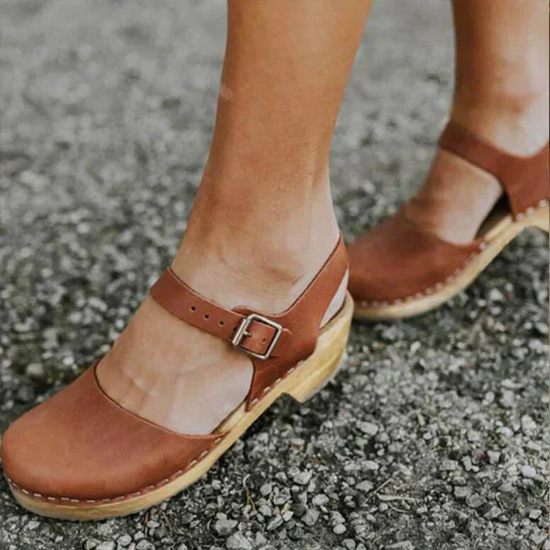 Sandales en Bois pour Femmes avec Bride de Cheville et Boucle sur Talon Bloc