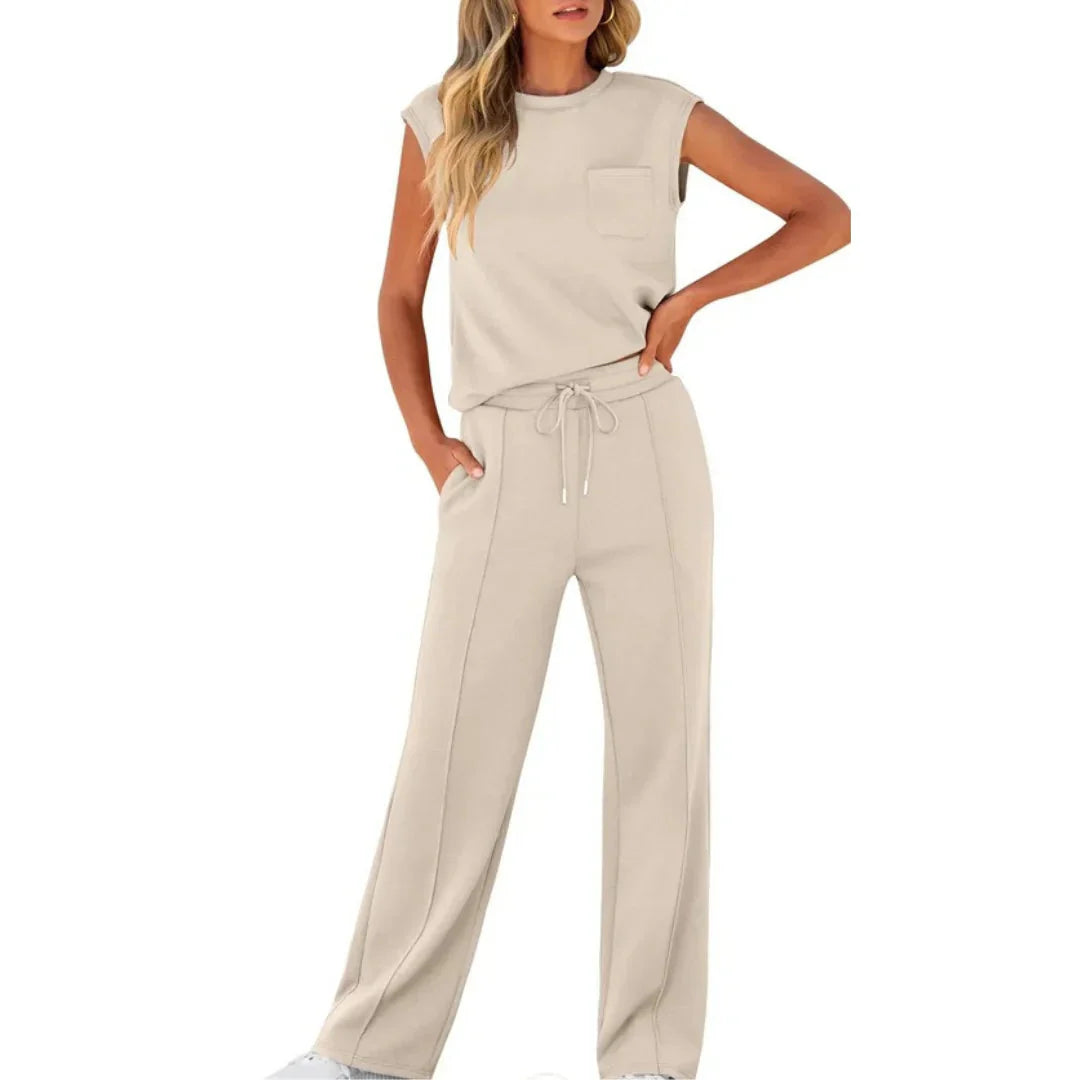 Ensemble de Loungewear pour Femmes Top Sans Manches avec Pantalon Large et Cordon de Serrage