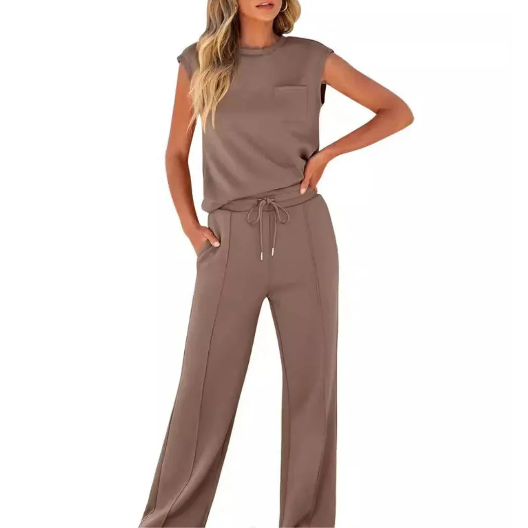 Ensemble de Loungewear pour Femmes Top Sans Manches avec Pantalon Large et Cordon de Serrage