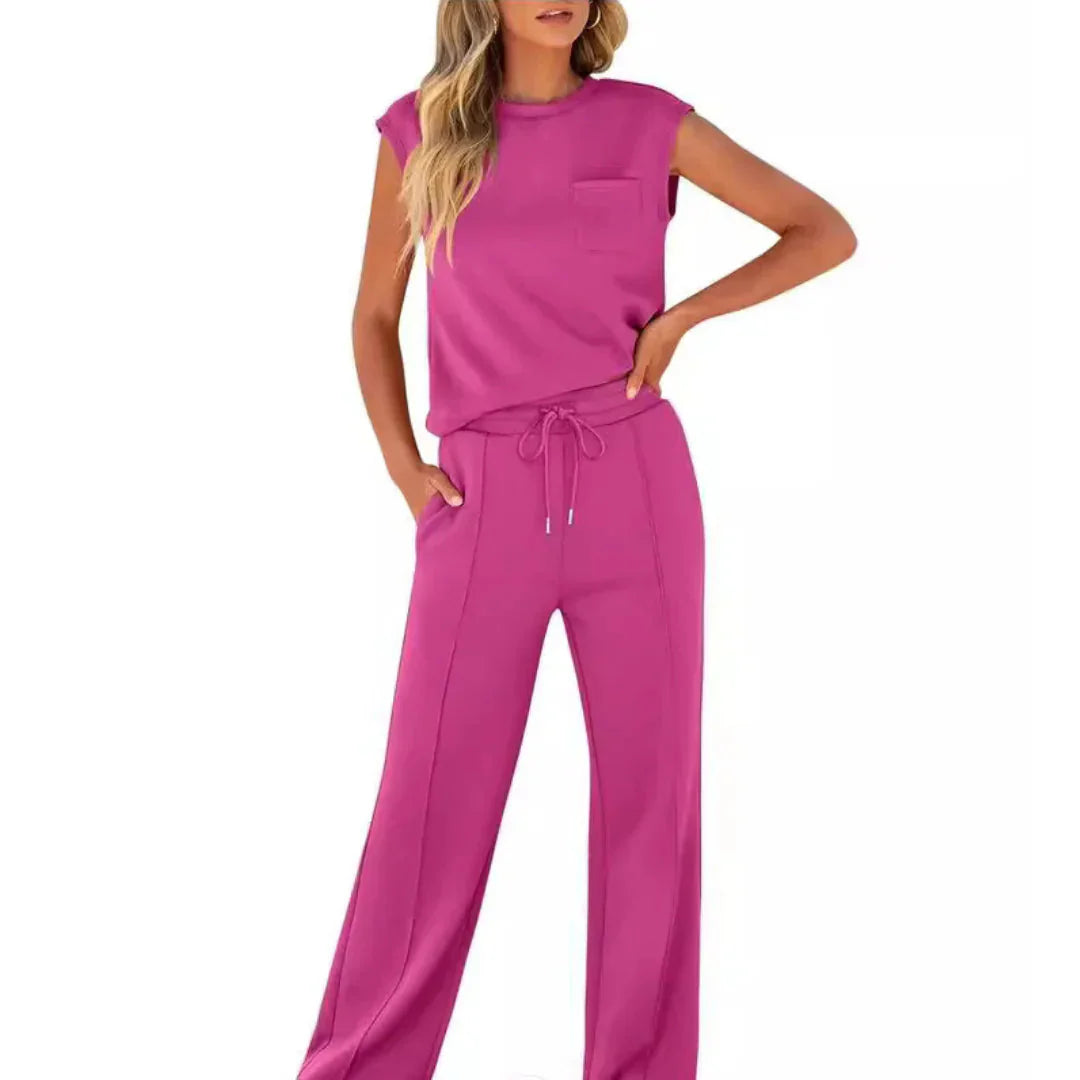Ensemble de Loungewear pour Femmes Top Sans Manches avec Pantalon Large et Cordon de Serrage
