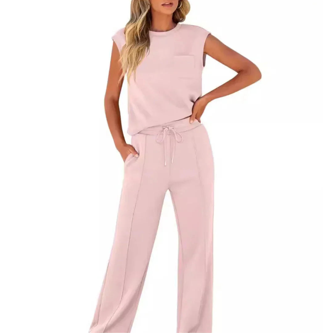 Ensemble de Loungewear pour Femmes Top Sans Manches avec Pantalon Large et Cordon de Serrage