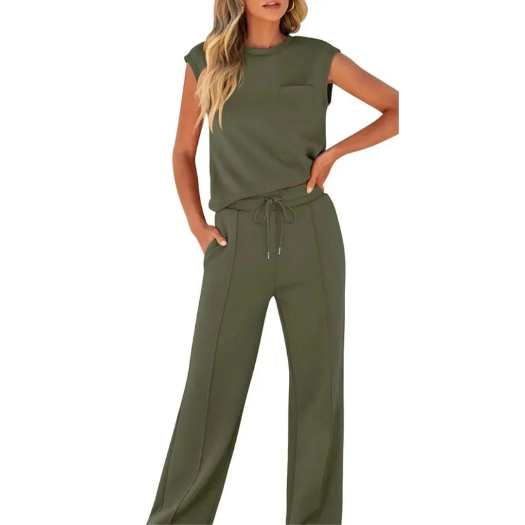 Ensemble de Loungewear pour Femmes Top Sans Manches avec Pantalon Large et Cordon de Serrage