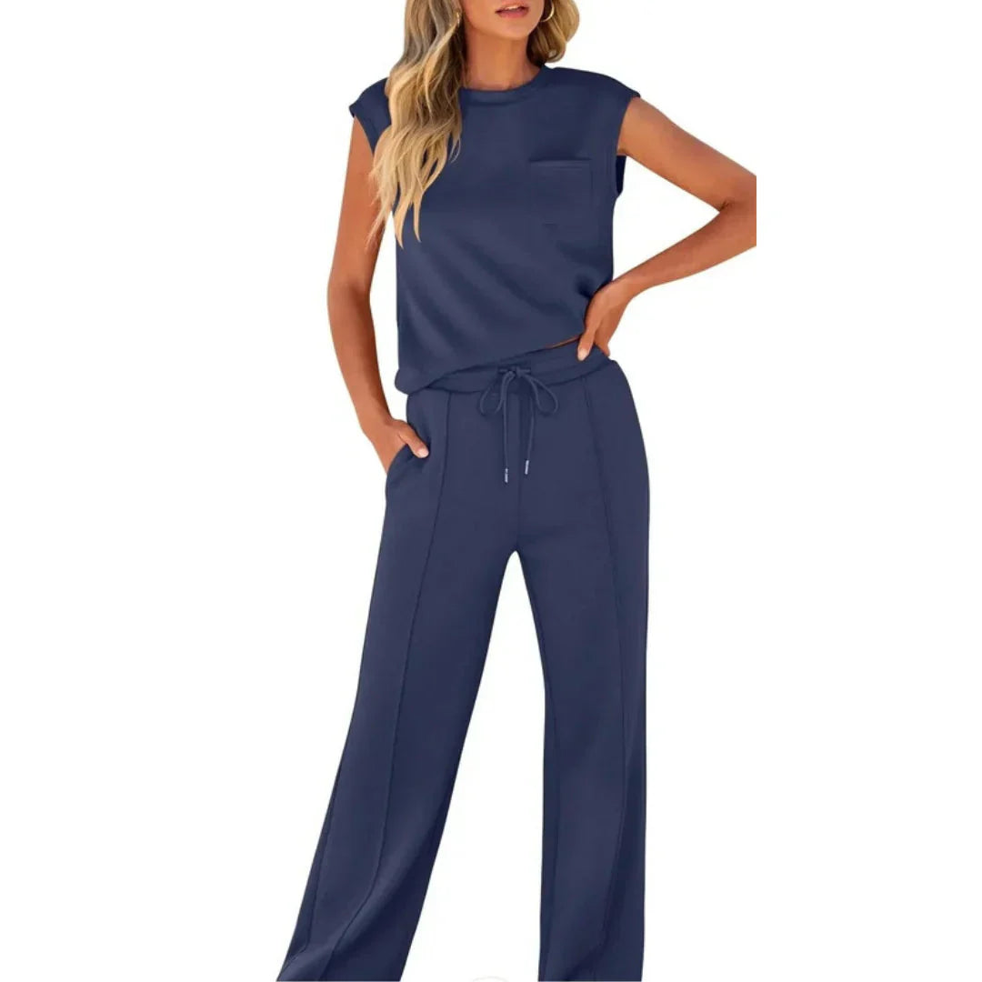 Ensemble de Loungewear pour Femmes Top Sans Manches avec Pantalon Large et Cordon de Serrage