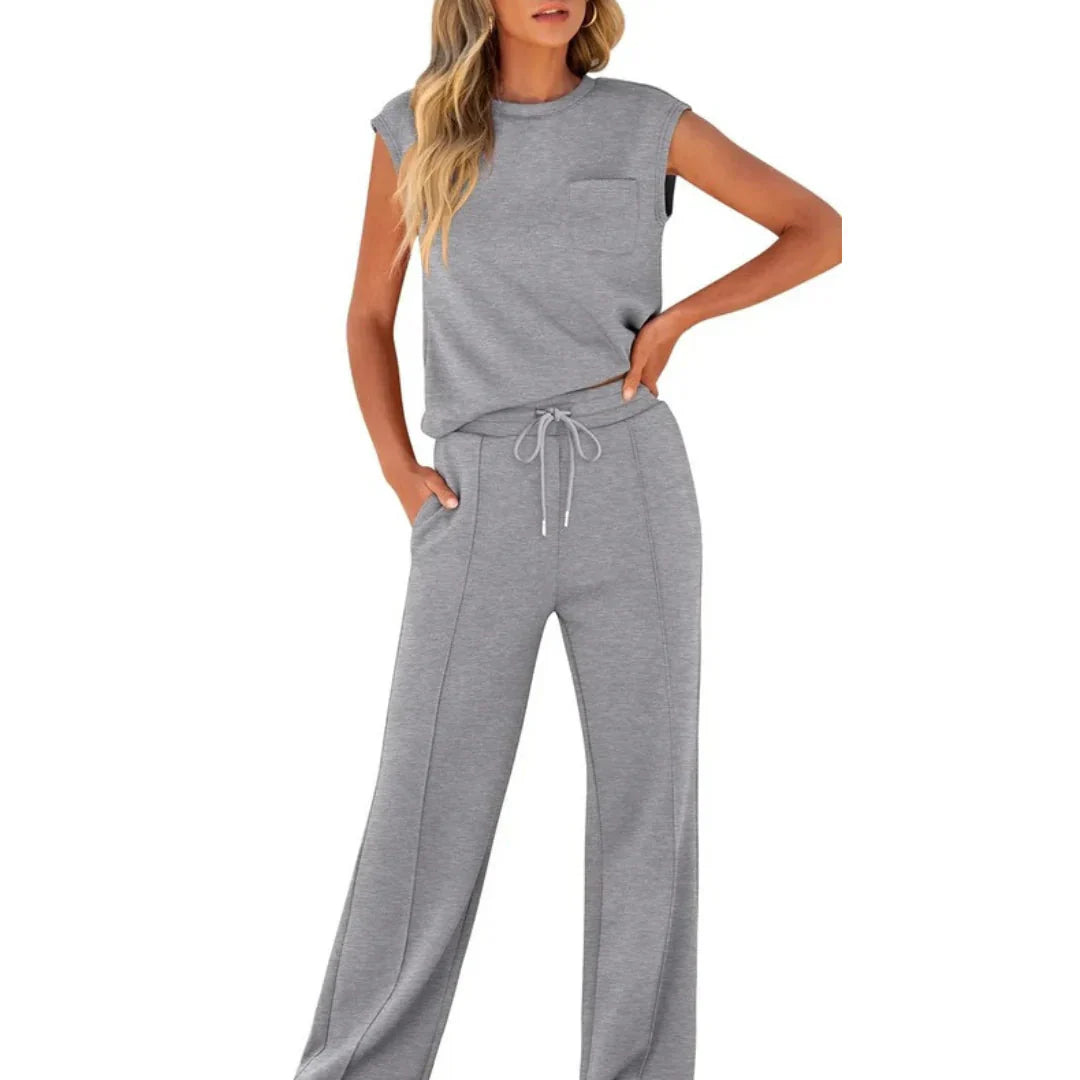 Ensemble de Loungewear pour Femmes Top Sans Manches avec Pantalon Large et Cordon de Serrage