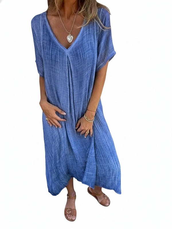 Robe Maxi Femme à Manches Courtes avec Décolleté en V et Coupe Oversize