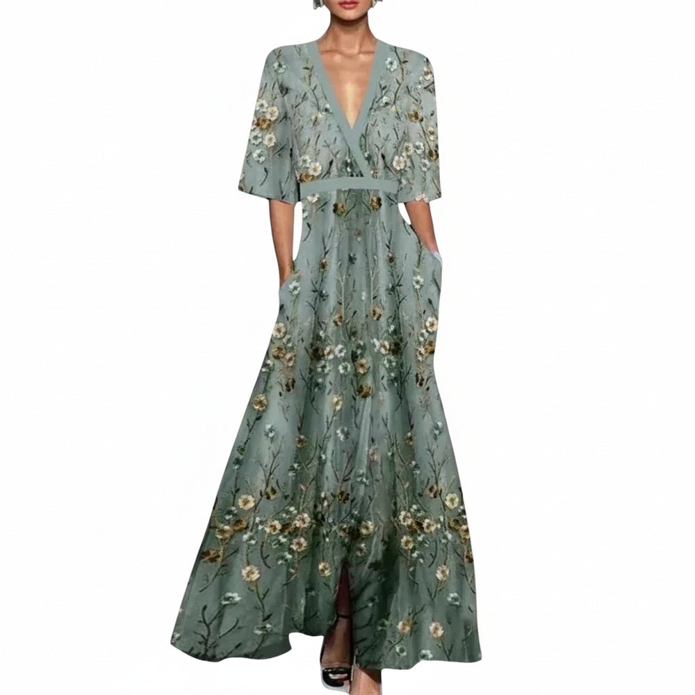 Robe Maxi Femme avec Imprimé Floral, Décolleté en V Profond et Jupe A-ligne