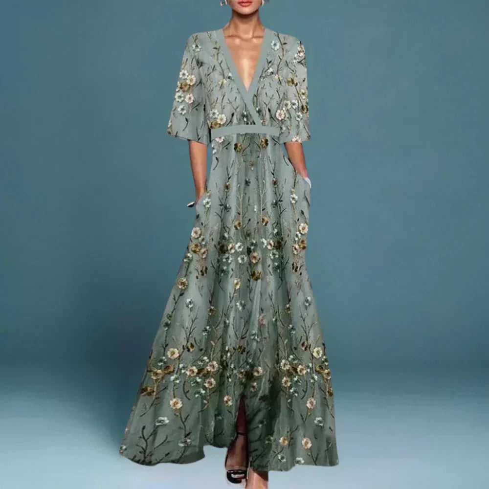 Robe Maxi Femme avec Imprimé Floral, Décolleté en V Profond et Jupe A-ligne