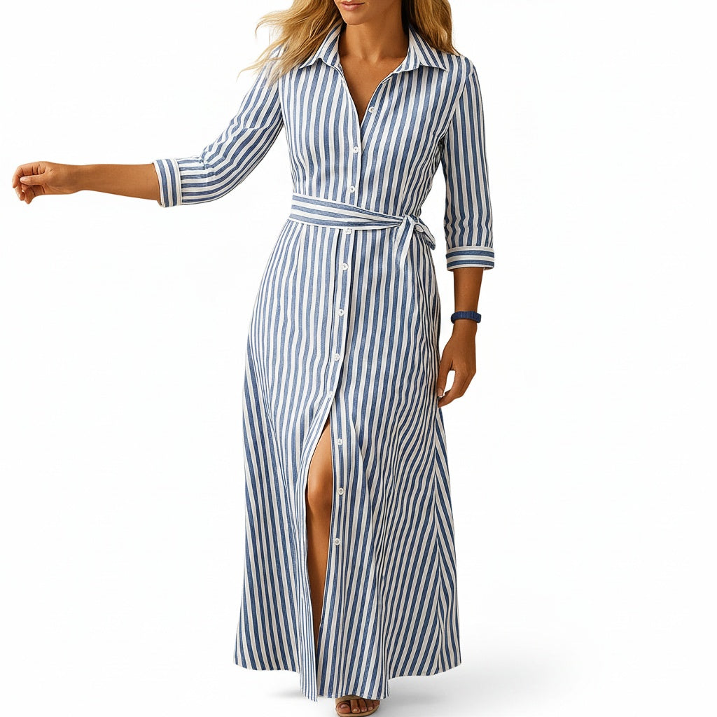 Robe Maxi Femme avec Manches Trois Quarts, Col et Ceinture Nœud