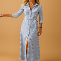 Robe Maxi Femme avec Manches Trois Quarts, Col et Ceinture Nœud
