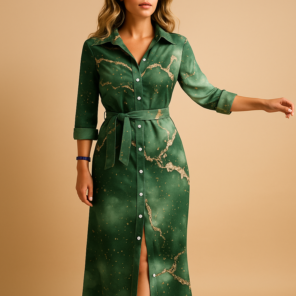 Robe Maxi Femme avec Manches Trois Quarts, Col et Ceinture Nœud
