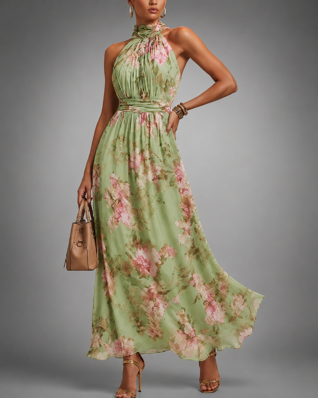 Robe Maxi Femme avec Décolleté Halter et Imprimé Floral