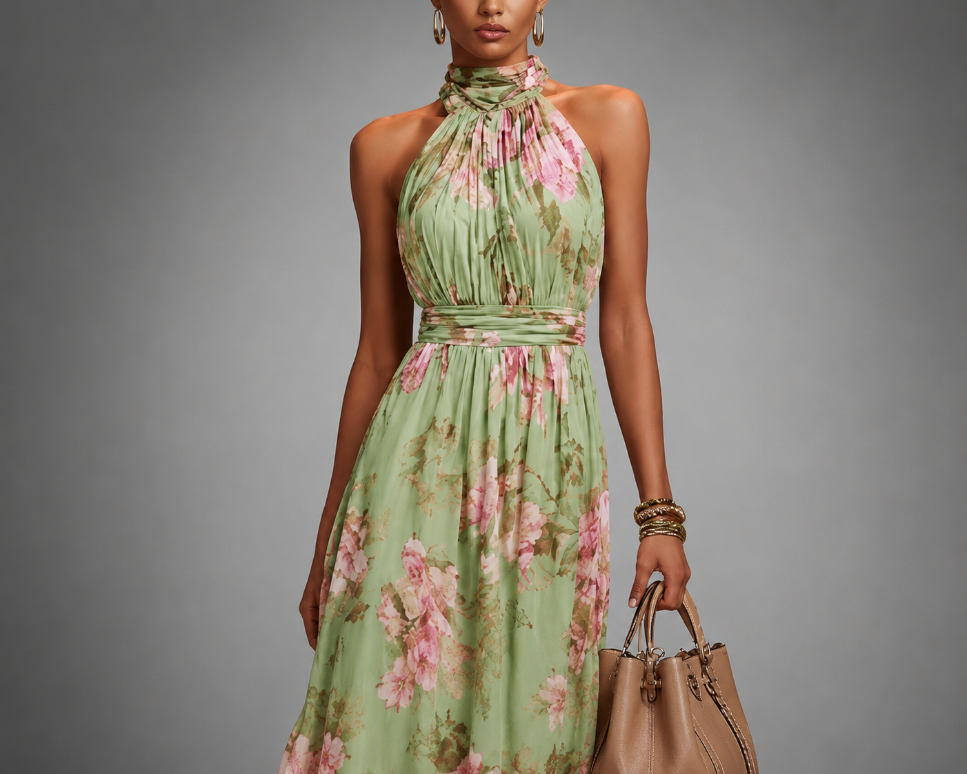 Robe Maxi Femme avec Décolleté Halter et Imprimé Floral