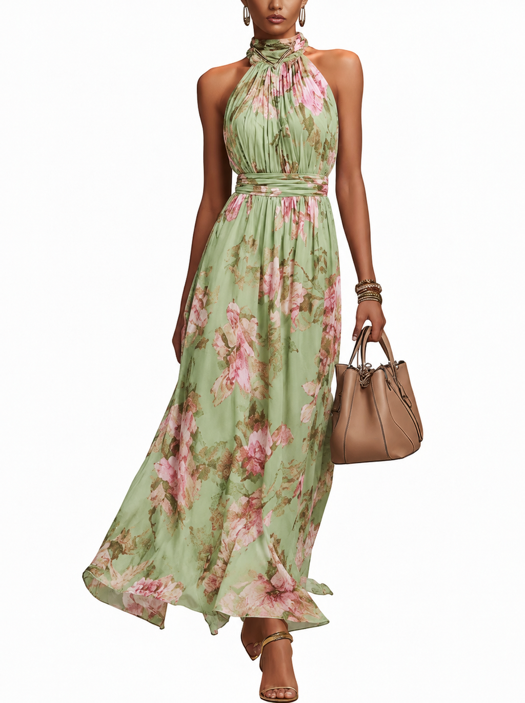 Robe Maxi Femme avec Décolleté Halter et Imprimé Floral