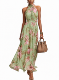 Robe Maxi Femme avec Décolleté Halter et Imprimé Floral