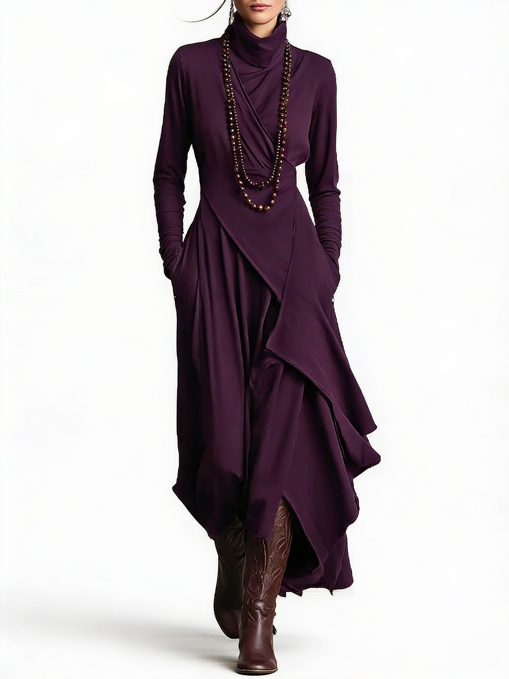 Robe Maxi Femme avec Col Haut, Manches Longues et Jupe Asymétrique