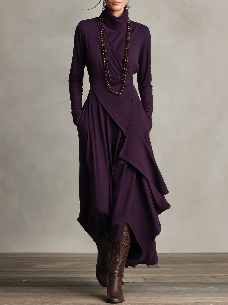Robe Maxi Femme avec Col Haut, Manches Longues et Jupe Asymétrique