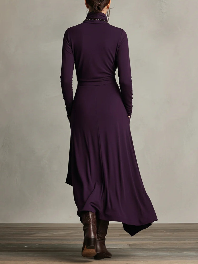 Robe Maxi Femme avec Col Haut, Manches Longues et Jupe Asymétrique