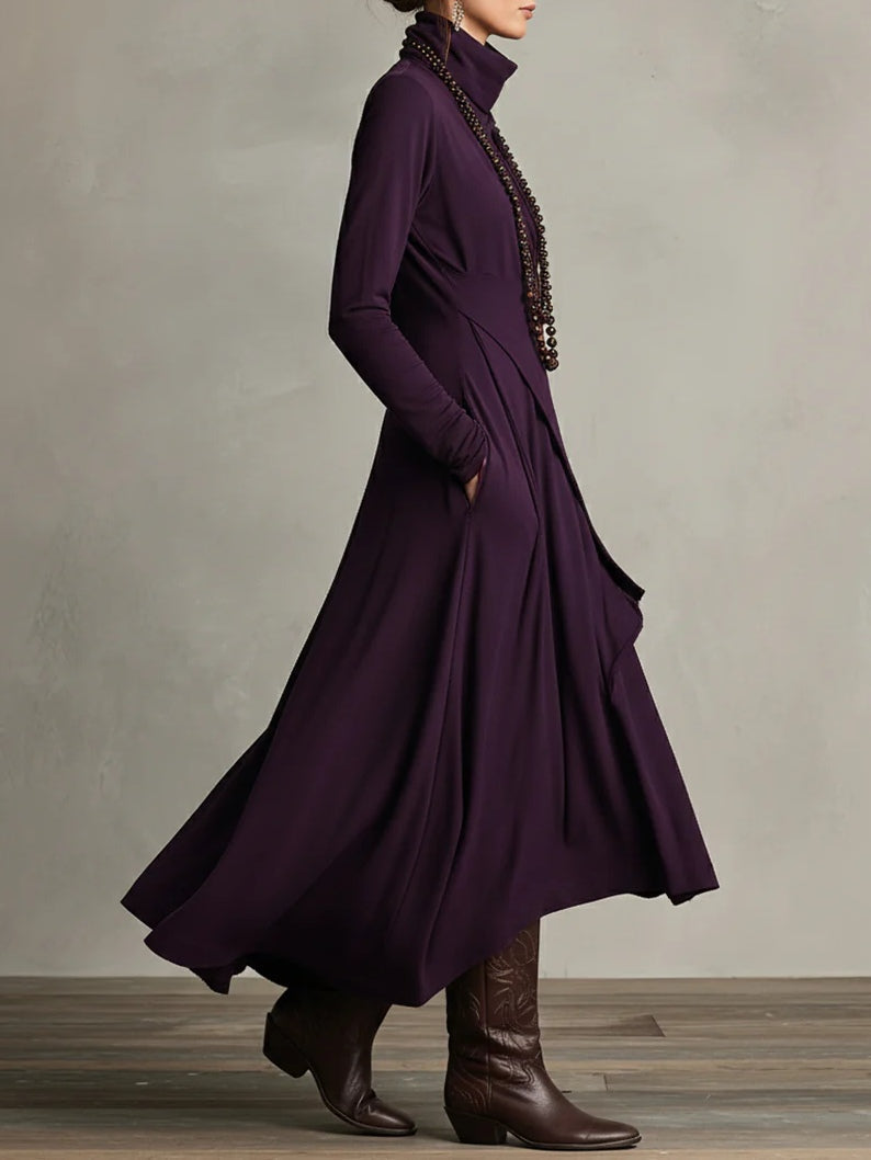 Robe Maxi Femme avec Col Haut, Manches Longues et Jupe Asymétrique