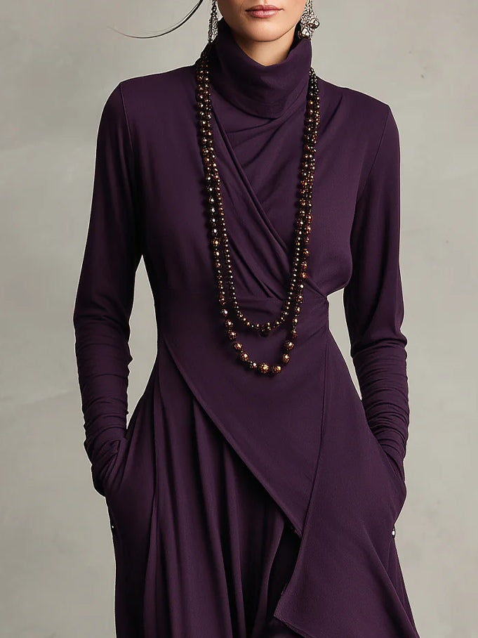 Robe Maxi Femme avec Col Haut, Manches Longues et Jupe Asymétrique