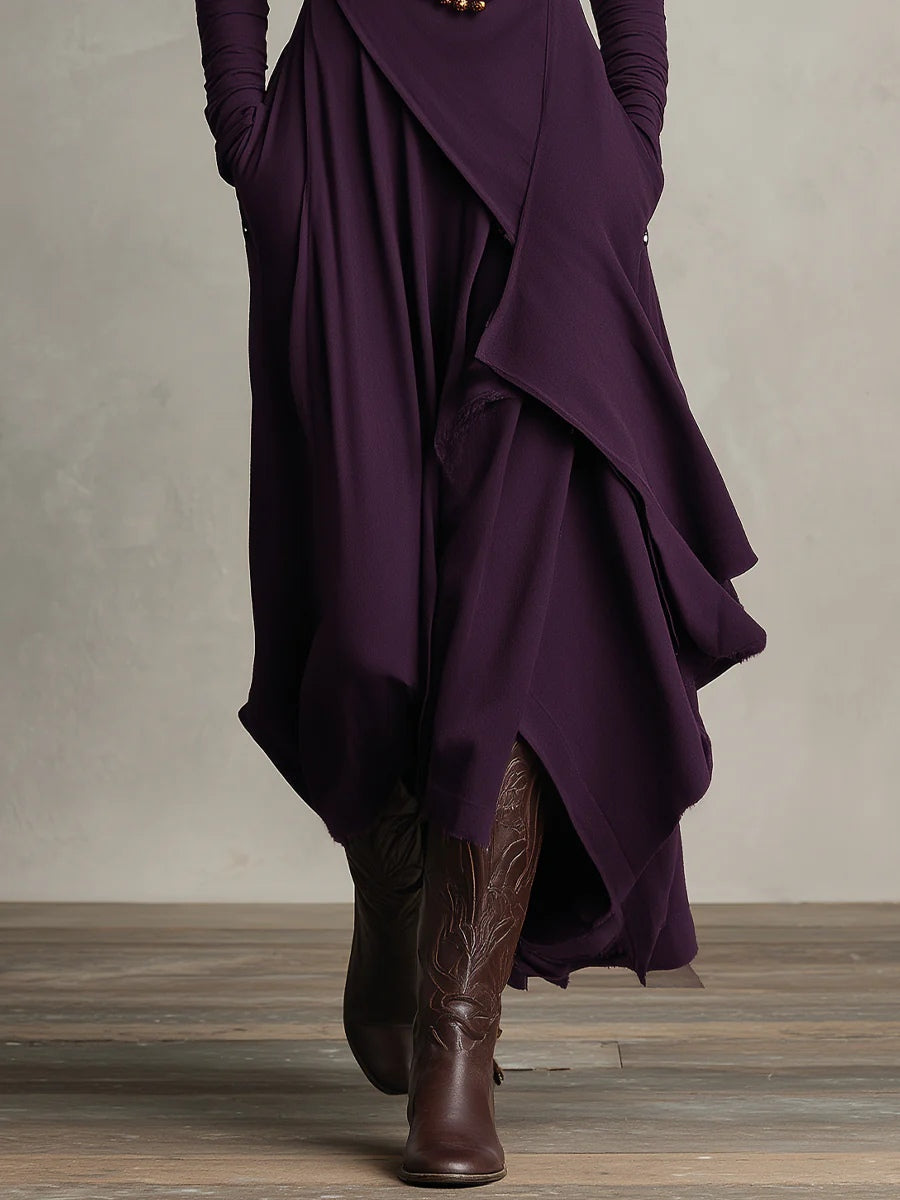 Robe Maxi Femme avec Col Haut, Manches Longues et Jupe Asymétrique