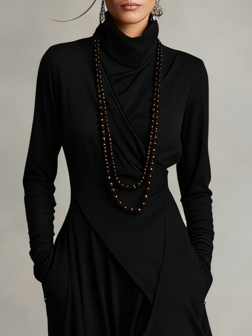 Robe Maxi Femme avec Col Haut, Manches Longues et Jupe Asymétrique