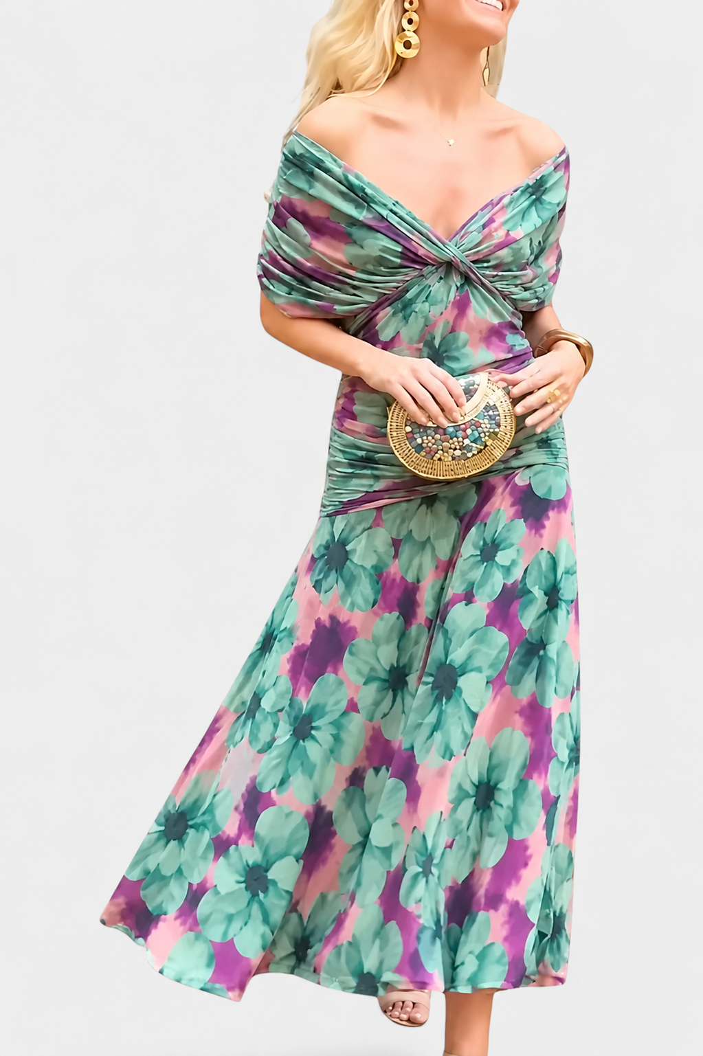 Robe Maxi Femme avec Décolleté V Off-Shoulder et Taille Plissée