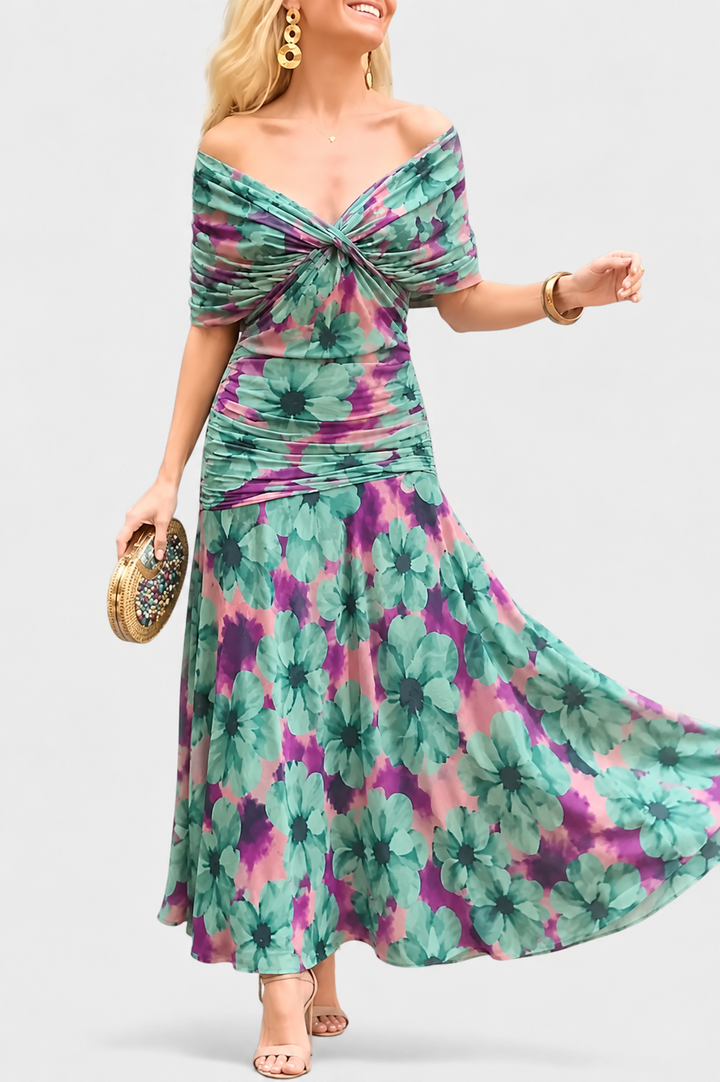 Robe Maxi Femme avec Décolleté V Off-Shoulder et Taille Plissée