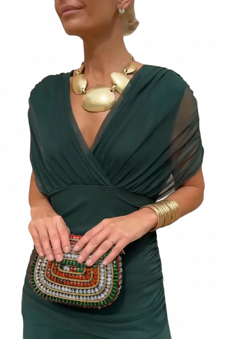 Robe Maxi Femme avec Décolleté V Off-Shoulder et Taille Plissée