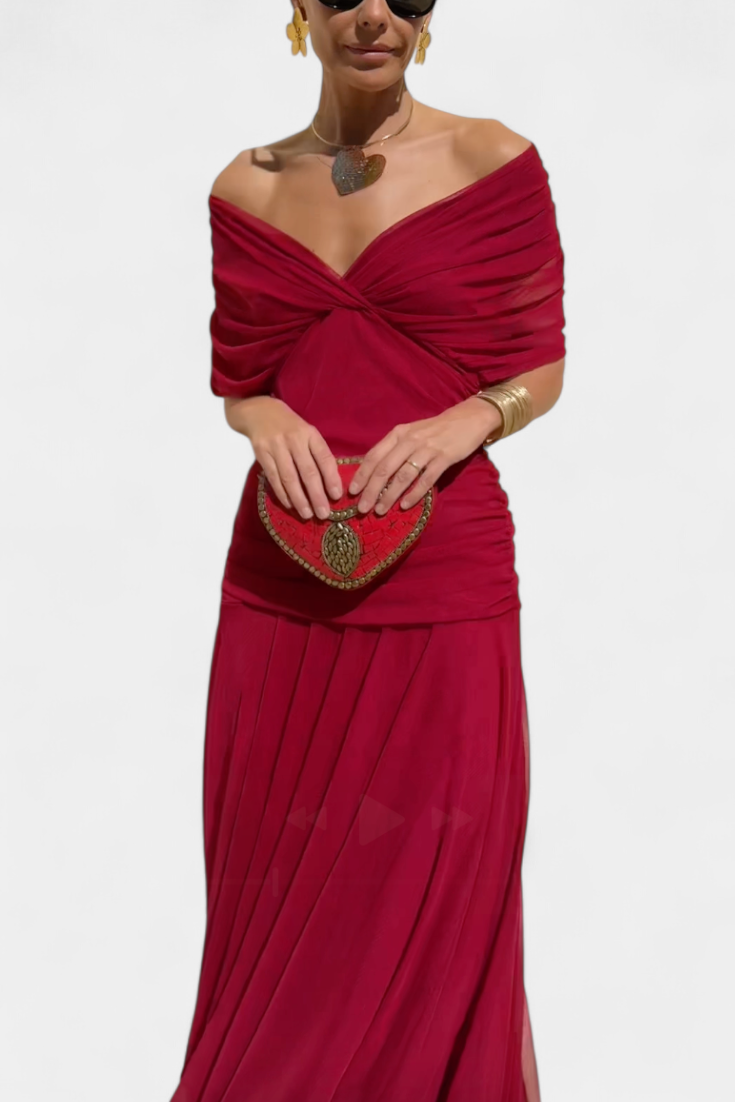 Robe Maxi Femme avec Décolleté V Off-Shoulder et Taille Plissée