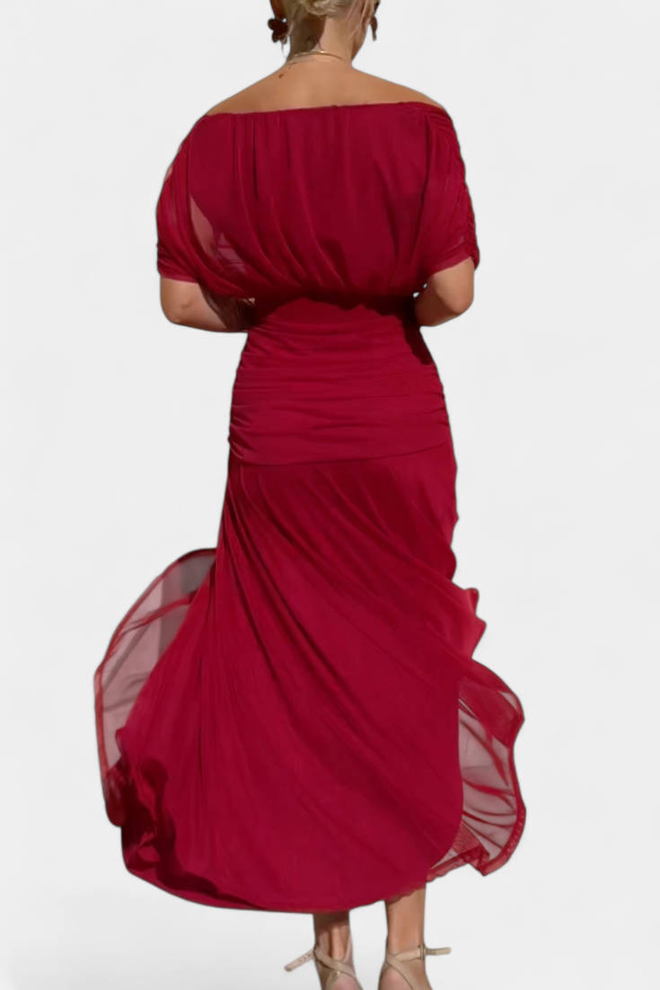 Robe Maxi Femme avec Décolleté V Off-Shoulder et Taille Plissée