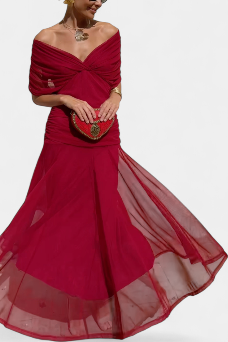 Robe Maxi Femme avec Décolleté V Off-Shoulder et Taille Plissée