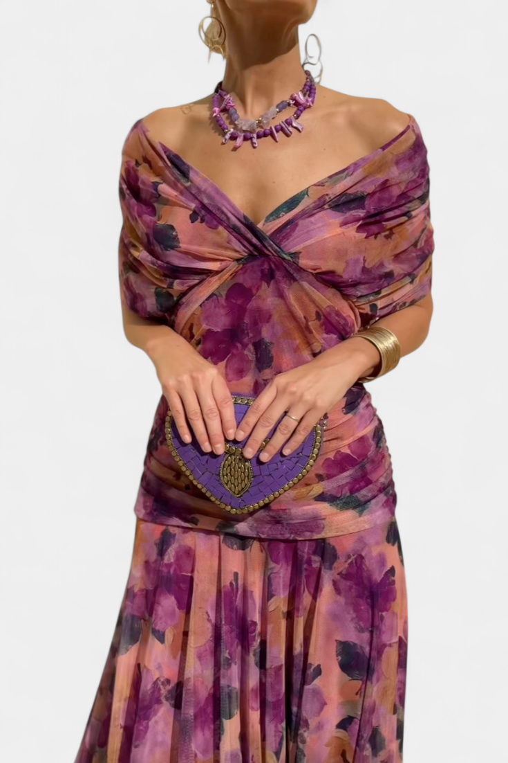 Robe Maxi Femme avec Décolleté V Off-Shoulder et Taille Plissée