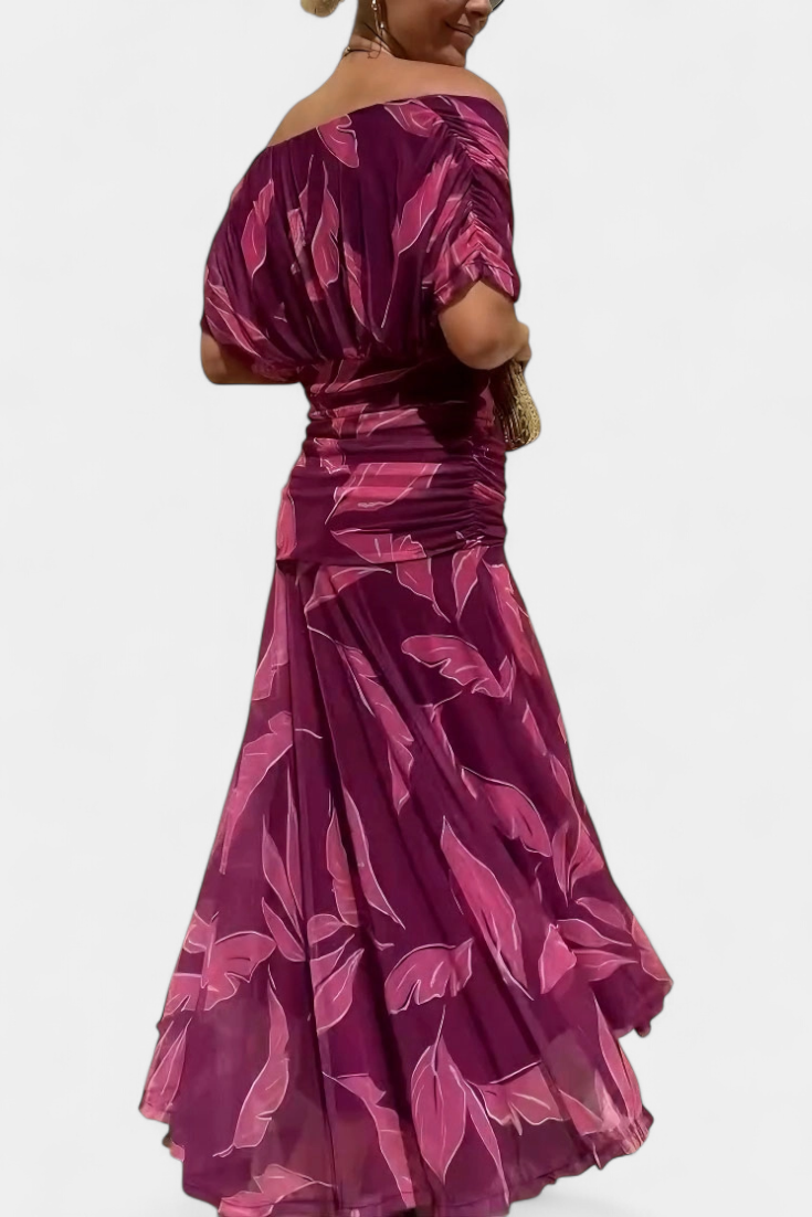 Robe Maxi Femme avec Décolleté V Off-Shoulder et Taille Plissée