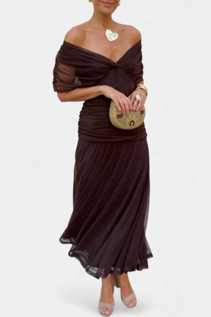 Robe Maxi Femme avec Décolleté V Off-Shoulder et Taille Plissée