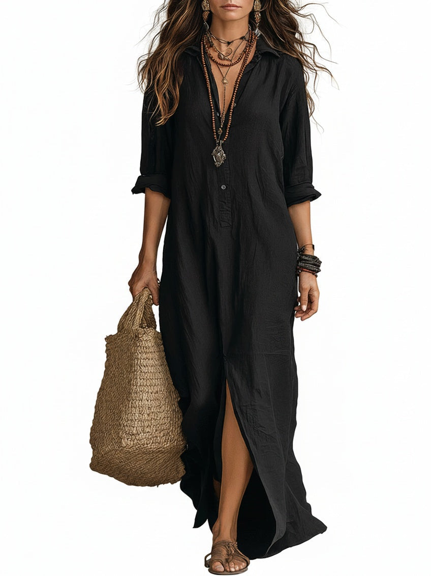 Robe Maxi Femme avec Col Chemise et Fermeture à Boutons, Manches Longues et Fente Latérale
