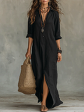 Robe Maxi Femme avec Col Chemise et Fermeture à Boutons, Manches Longues et Fente Latérale