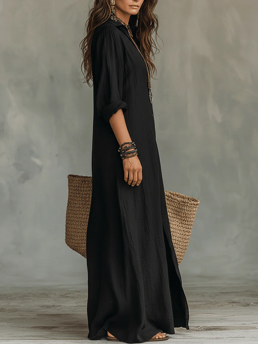 Robe Maxi Femme avec Col Chemise et Fermeture à Boutons, Manches Longues et Fente Latérale