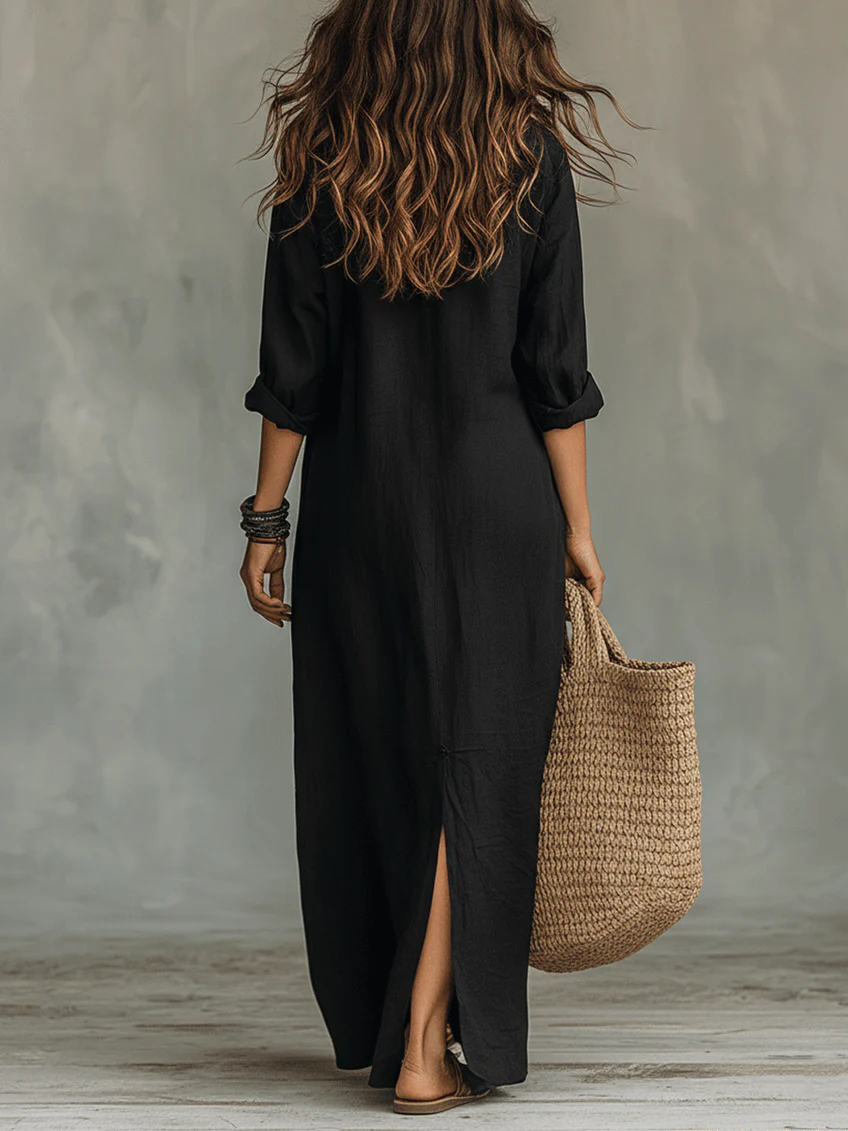 Robe Maxi Femme avec Col Chemise et Fermeture à Boutons, Manches Longues et Fente Latérale