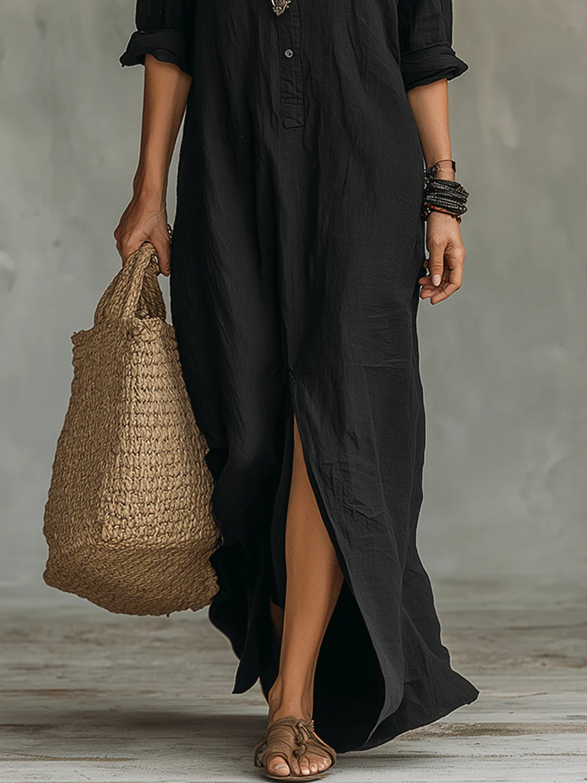 Robe Maxi Femme avec Col Chemise et Fermeture à Boutons, Manches Longues et Fente Latérale