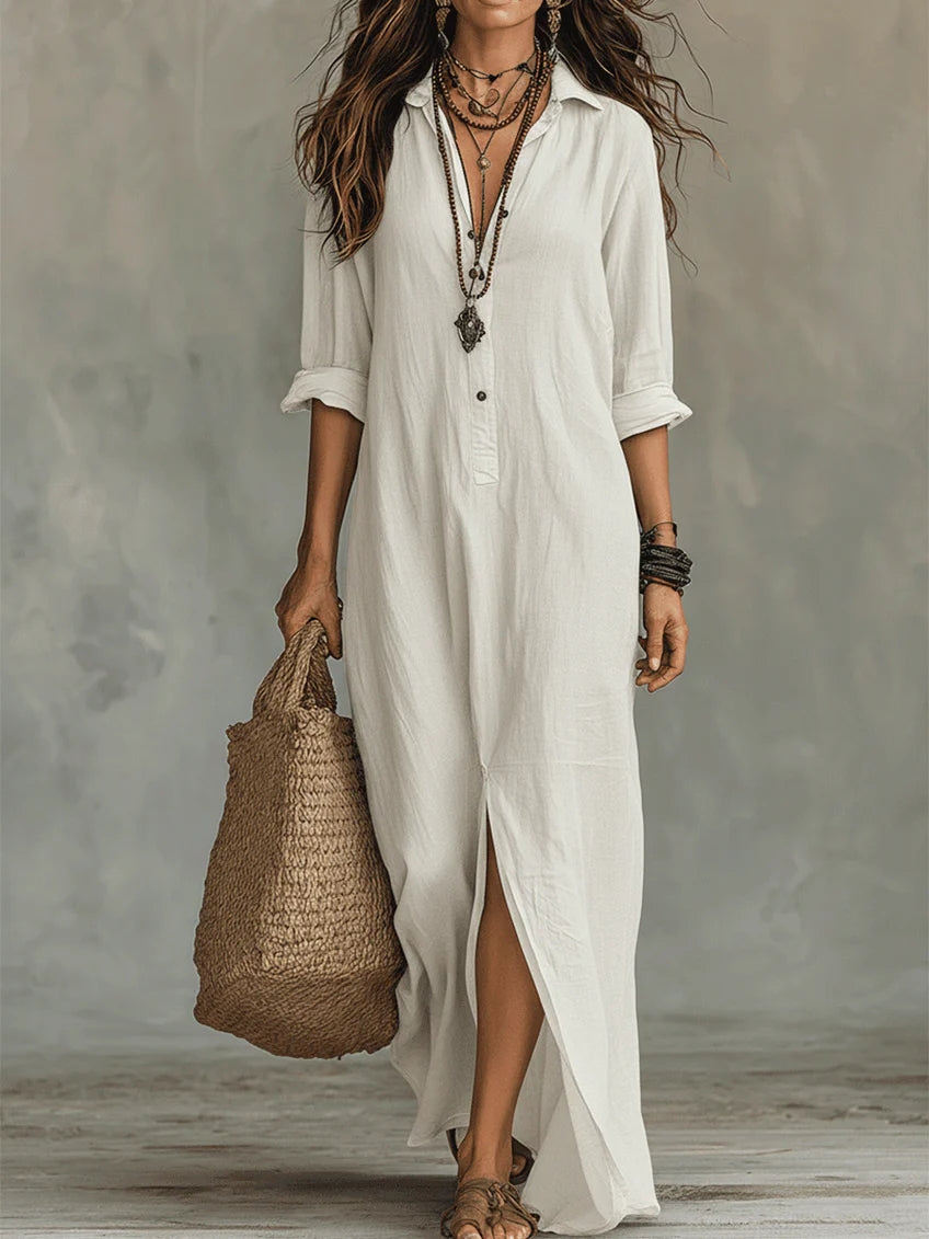 Robe Maxi Femme avec Col Chemise et Fermeture à Boutons, Manches Longues et Fente Latérale
