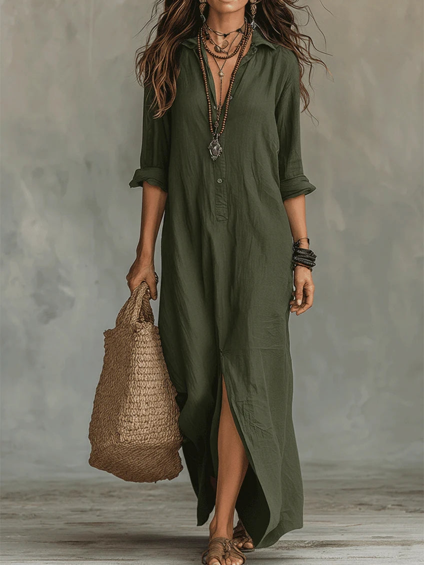 Robe Maxi Femme avec Col Chemise et Fermeture à Boutons, Manches Longues et Fente Latérale