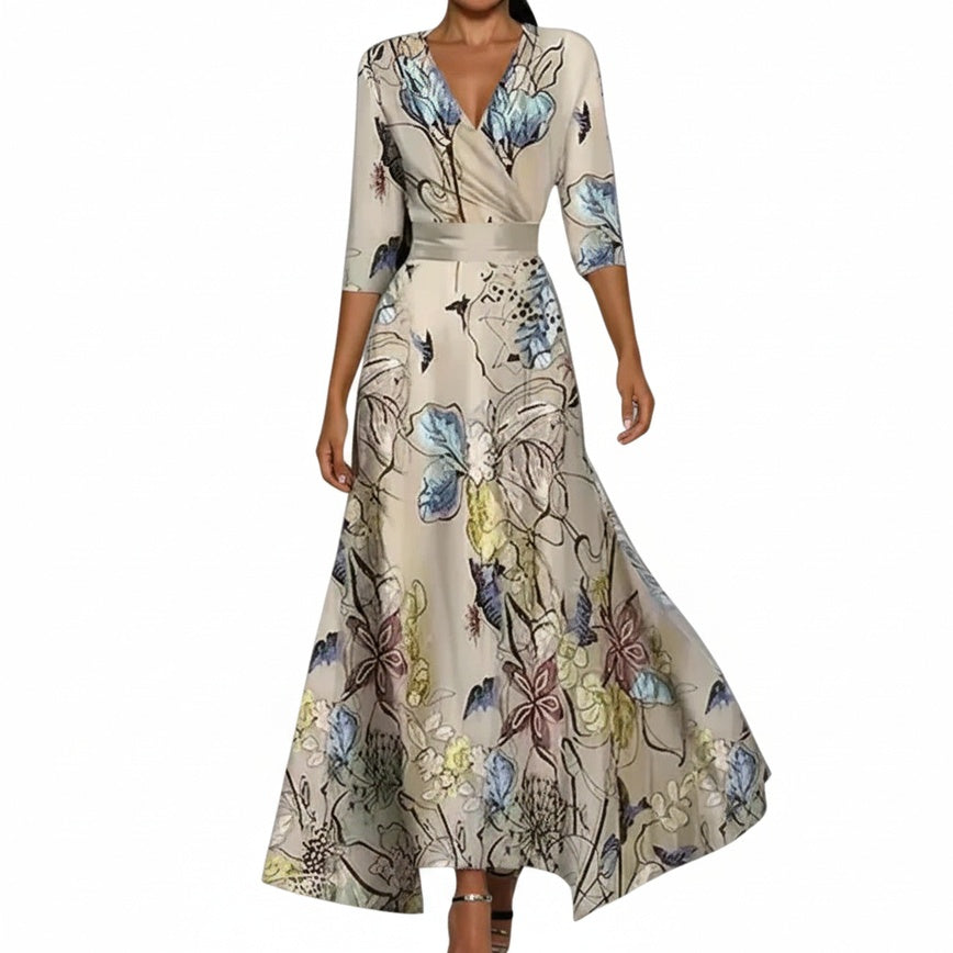 Robe Maxi Femme avec Décolleté en V, Manches Trois Quarts et Imprimé Floral