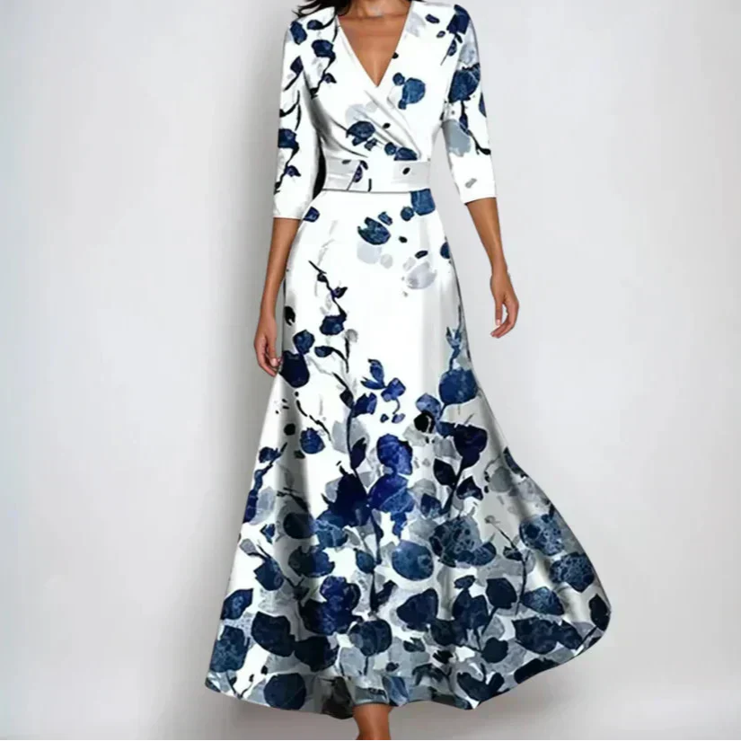 Robe Maxi Femme avec Décolleté en V, Manches Trois Quarts et Imprimé Floral