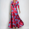 Robe Maxi Femme avec Décolleté en V, Manches Trois Quarts et Imprimé Floral