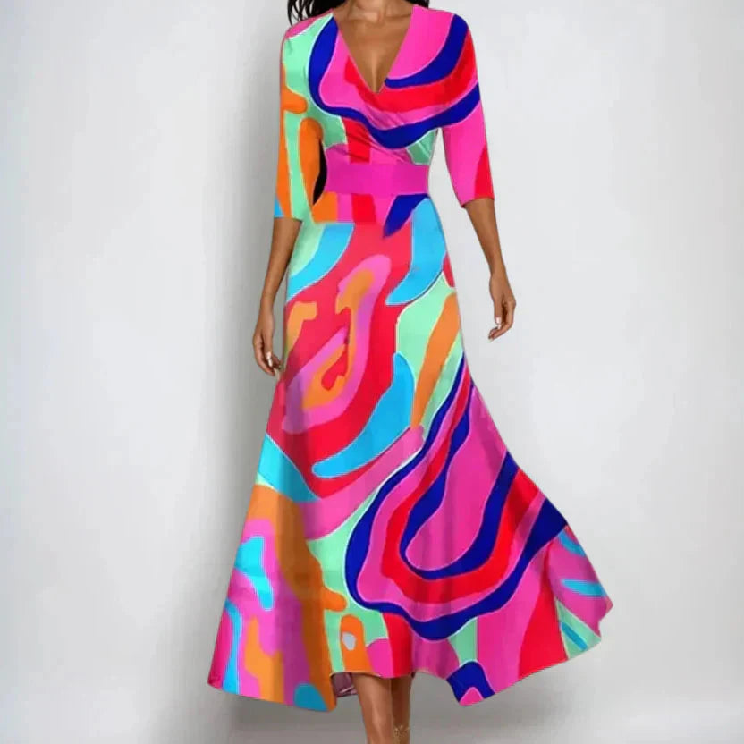 Robe Maxi Femme avec Décolleté en V, Manches Trois Quarts et Imprimé Floral