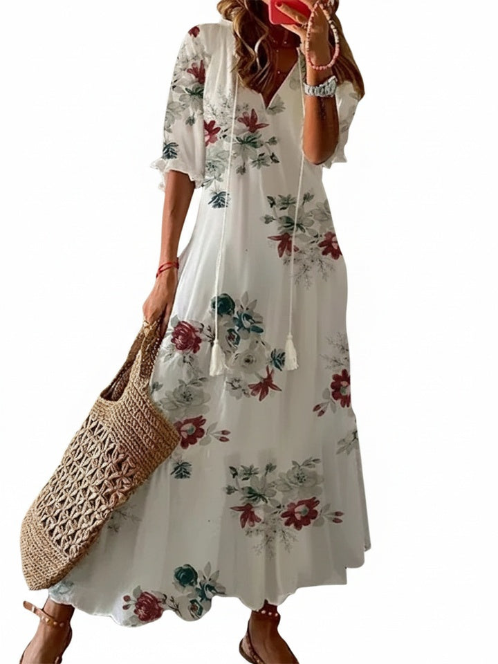 Robe Maxi Femme avec Décolleté en V et Imprimé Floral à Manches Courtes