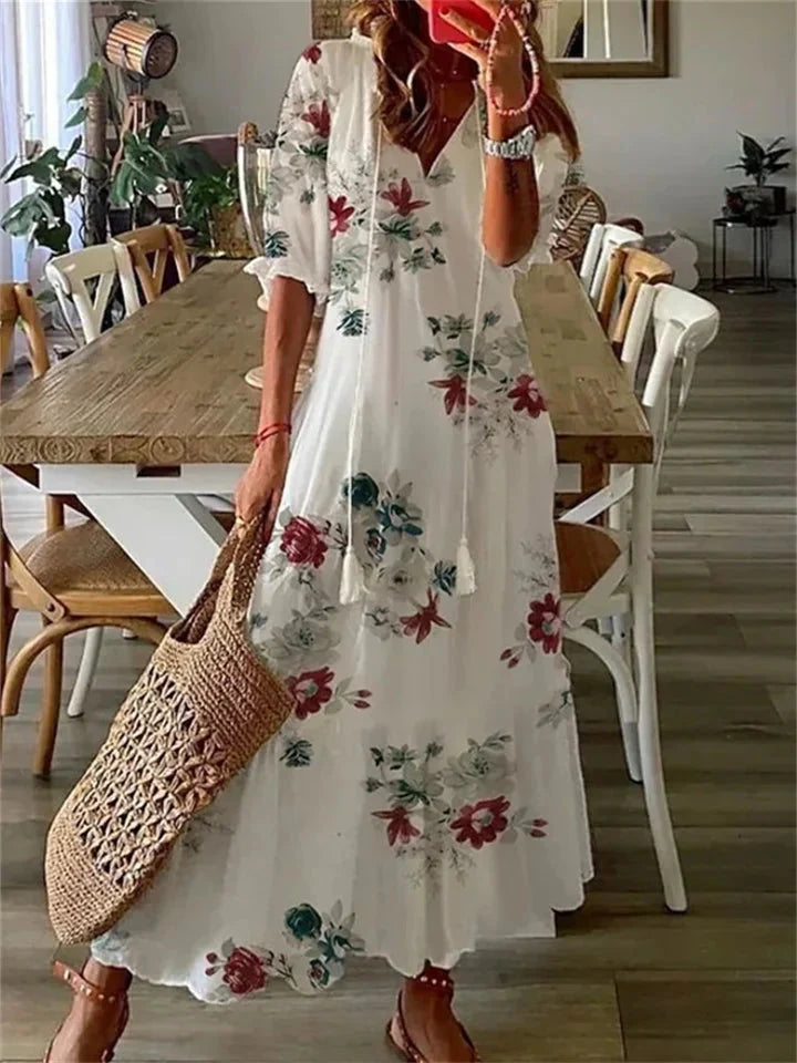 Robe Maxi Femme avec Décolleté en V et Imprimé Floral à Manches Courtes